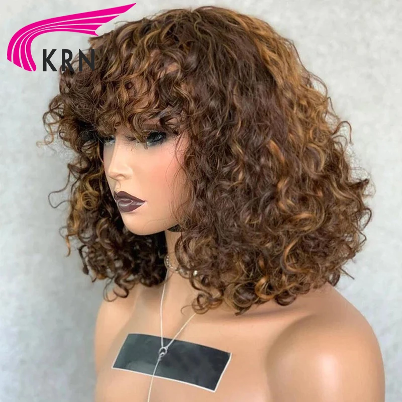 Wig Buatan Mesin Sepenuhnya Keriting Gelap dengan Poni 180% Wig Rambut Manusia untuk Wanita Rambut Remy Brasil Tanpa Lem Warna Coklat