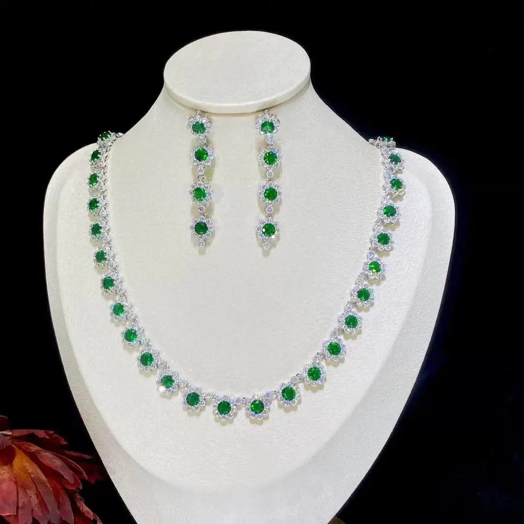 ASNOIRA Set di gioielli da sposa da donna, collana, orecchini, fiore, colore verde, blu e argento, pavé di cristalli, zirconi cubici