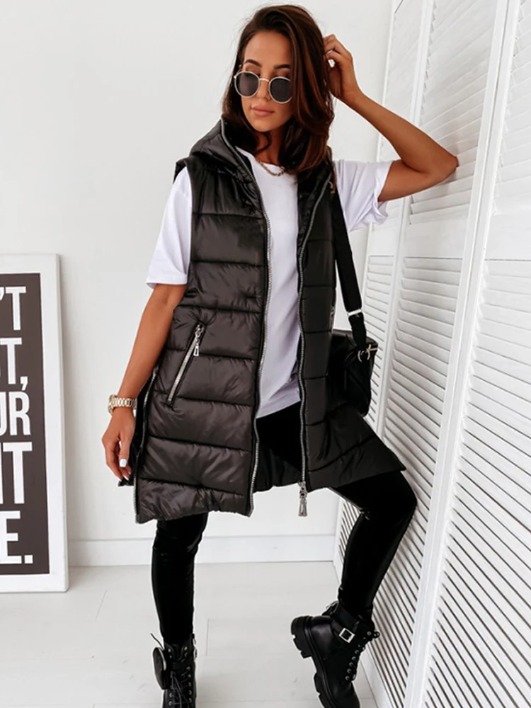 Sleeveless Vest Hooded Jacket Women Quilted Puffer Coat Cotton Padded Waistcoat Casual Streetwear Fashion Zipper Pocket Jacket