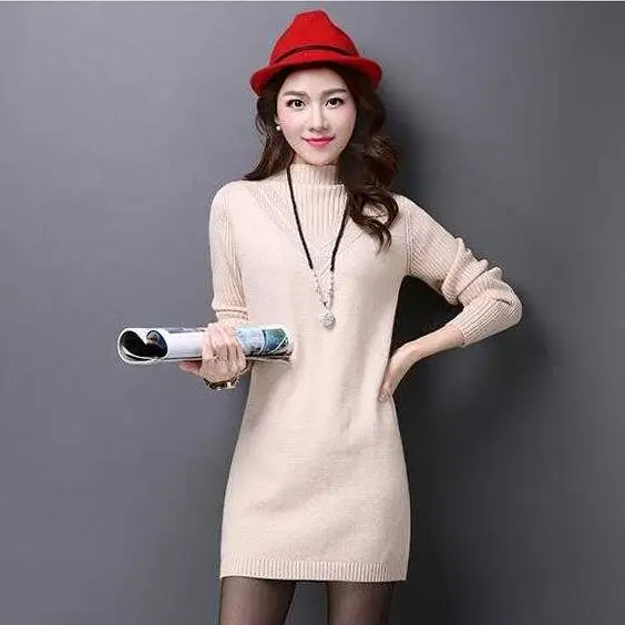 Half High Collar Sweater Dress Women Elegant Long Sleeve Solid Casual Slim Long Sleeve Knitted Elegant Bottoming Dress NS4789