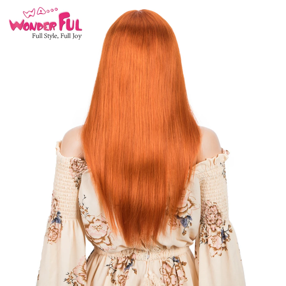 Wonderful Human Hair Wigs  Orange Straight Hair Wigs With Bangs For Women Colored Brazilian Hair Natural Cosplay Bob Wig