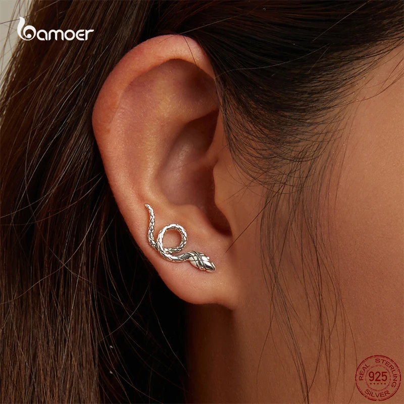 Bamoer New Classic Cute Snake Ear Studs for Women Genuine 925 Sterling Silver Animal Vintage Earrings Fashion Quality Jewelry