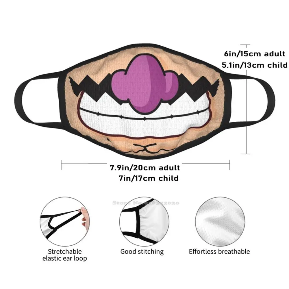 Wahhhh - Rio หน้ากากปากนุ่มระบายอากาศได้ดีทำจากผ้าฝ้ายวาริโอหนวดชั่วร้ายสำหรับวิดีโอเกมย้อนยุค