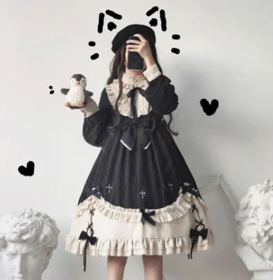 kawaii girl gothic lolita op loli cos Gothic vintage sweet lolita dress lace bowknot embroidery stand high waist victorian dress