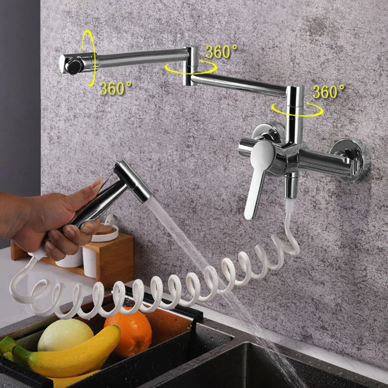 Brass Matte Black Wall Mounted Kitchen Faucet Pull Down Cold Hot Water With Spout 360 Rotation Dual Function Sprayer Taps ML1343