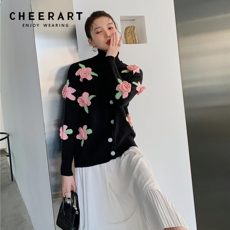 CHEERART Floral Patch Black Cardigan Women Korean Fashion Knitted Sweater Button Up Kawaii Cute Fall Sweater Cardigan 2021