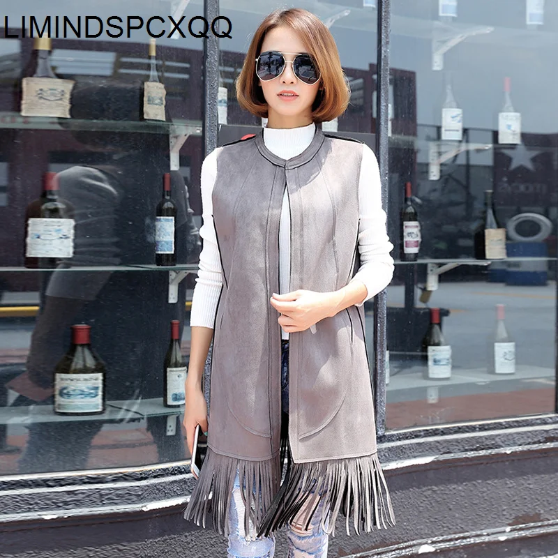 

2023 Suede Tassel Ladies Cardigan Jackets Mid-length Spring Summer Vest Womens Slim Fashion Leather Coats Female 4XL Clothes