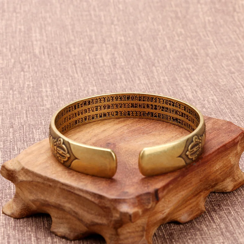 Vintage Buddhist Sutra Copper Bangle Six-character Mantra Opening Couple Scripture Bracelet Religious Vajra Pestle Pattern Lucky