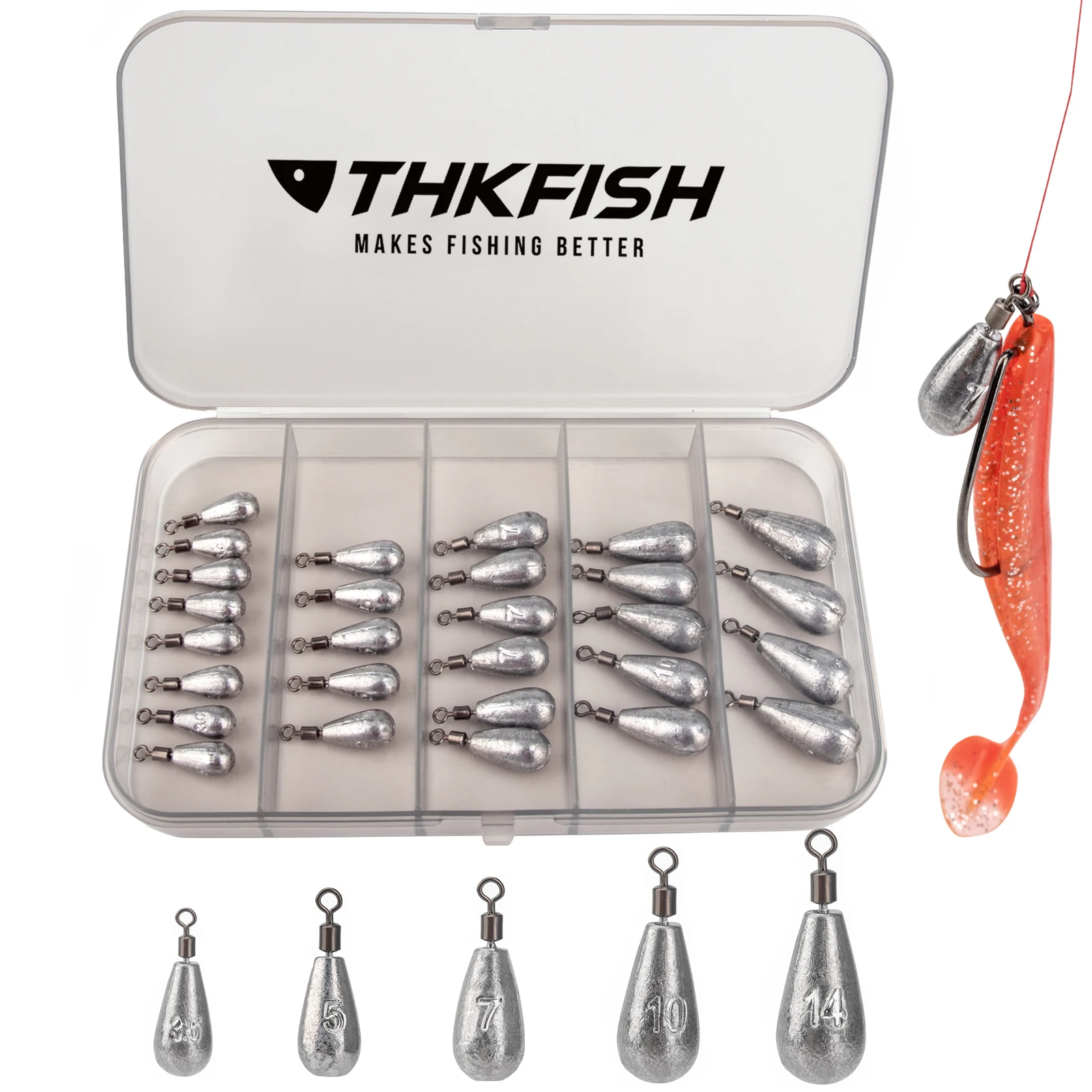 THKFISH 28pcs Fishing Weights Sinkers Kit 3.5g 5g 7g 10g 14g Drop Shot Fishing Leads Sinkers Sea Fishing Lead Dropshot