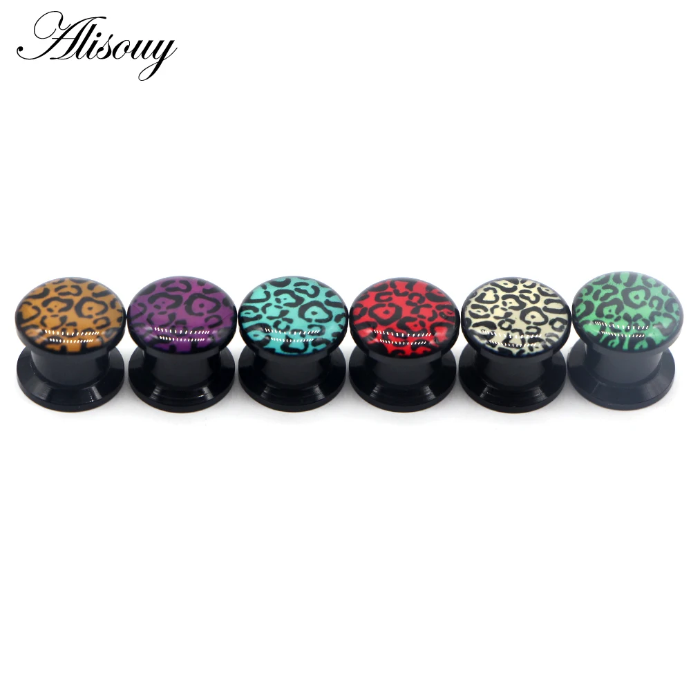 Alisouy 2PCS Acrylic Leopard Print Black Screw Ear Plugs Flesh Tunnel Earring Gauges Hollow Piercings Ear Expanders Body Jewelry