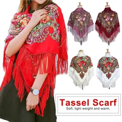 Écharpe carrée à long pompon en coton pour femme, grande taille, châle, cape Pashmina, marque russe, printemps, hiver, 90cm x 90cm