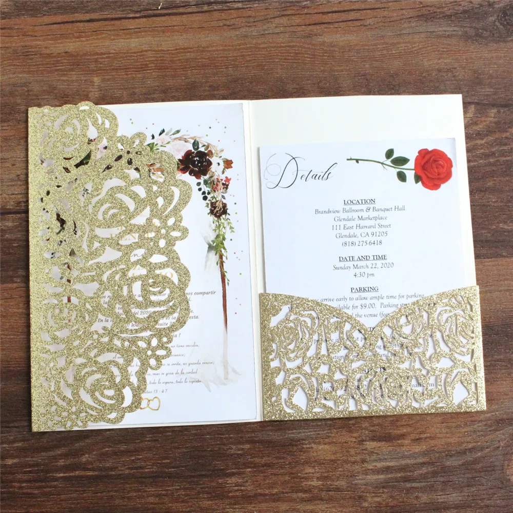 Rose Wedding Invitation Card Elegant Glitter Tri-Fold Pocket Personalized Main Invite RSVP Printing Multi Colors