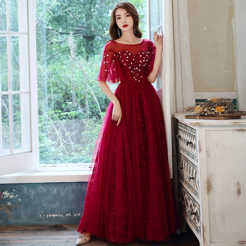 

Burgundy O-Neck Half Sleeves Evening Dress Elegant Appliques A-Line Fashion Empire Floor-Length Woman Formal Party Gowns A1280