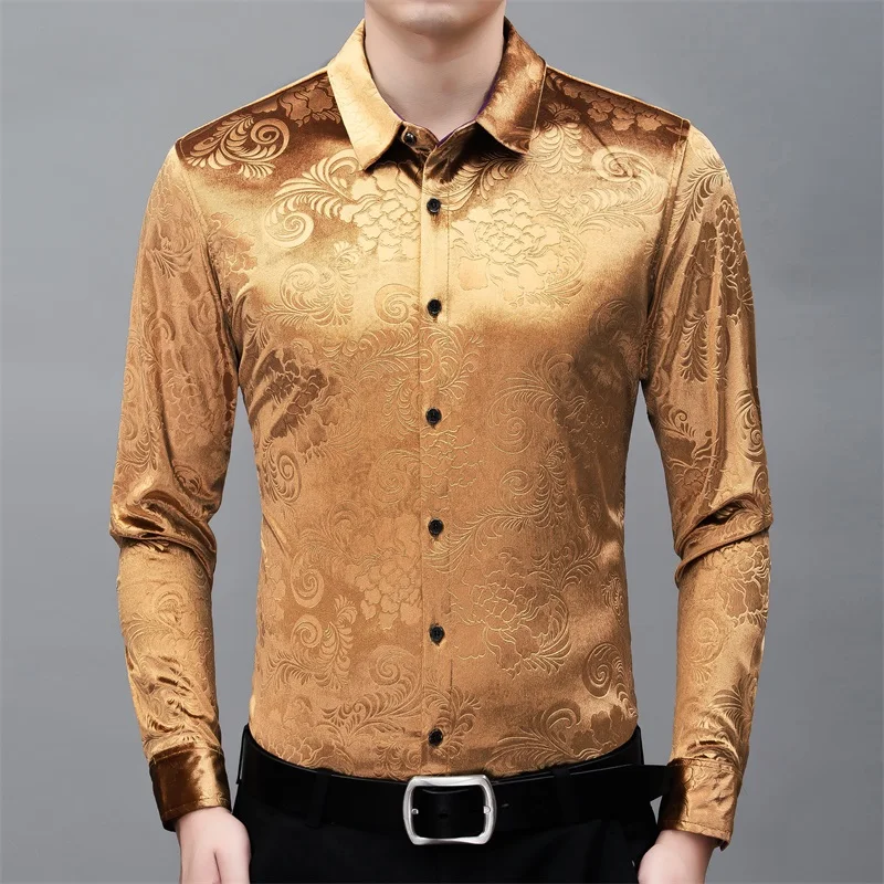 New 2021 Man Velvet Clothing Spring and Autumn Floral Dresses Long Sleeve Male Velour Shirts