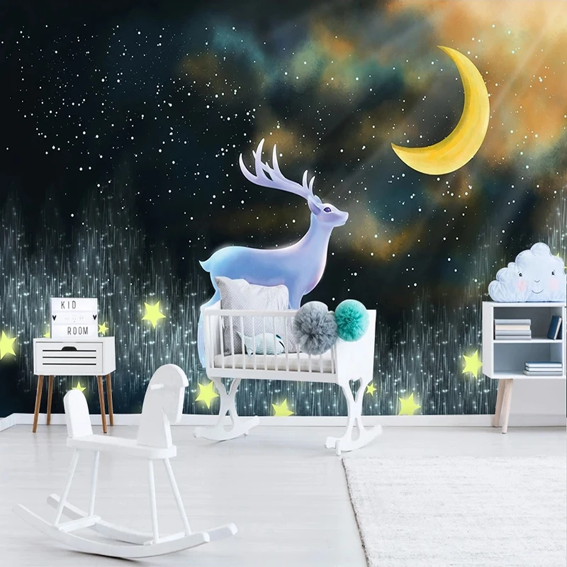 Custom 3D Mural Wallpaper For Kid's Room Cartoon Moon Star Elk Wall Papers Home Decor Papel De Parede Infantil Non-woven Paper