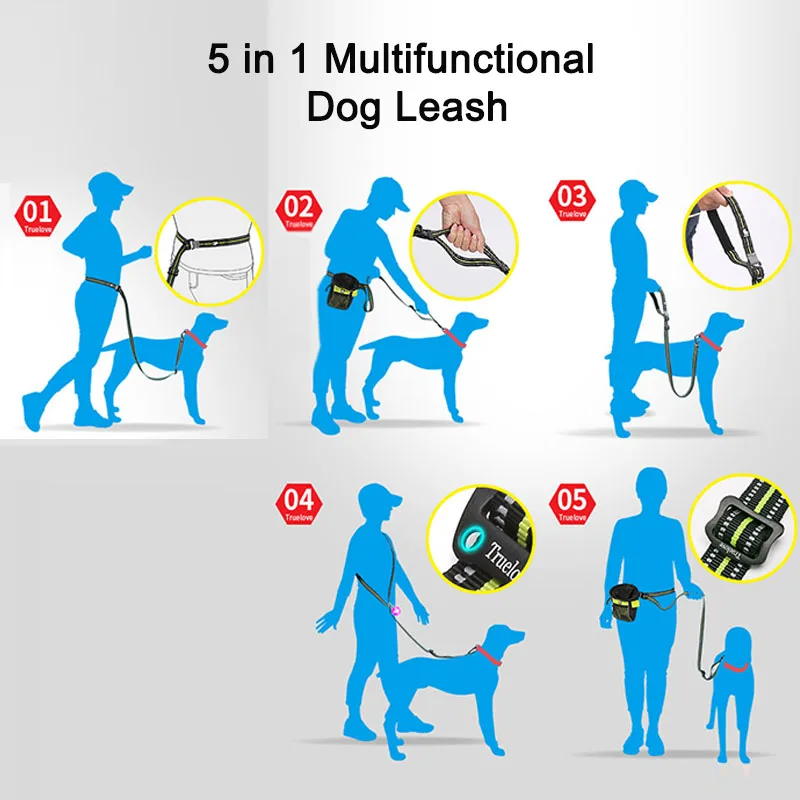 Truelove 5 In 1 핸즈프리 개 목줄, 러닝 나일론, 내구성, 반사 애완 동물 개 목줄, 대형견용, 조절 가능한 훈련 리드