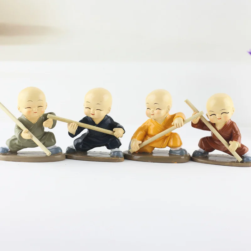 Shaolin kung fu boy resin miniature figurines stick Buddhist monk resin figurines car decoration kids gift souvenir home decor