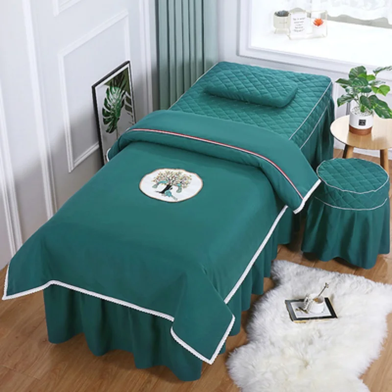 Embroderied 4pcs Bedding Sets for Beauty Salon Tuina Massage Spa Bed Sheets Bed Cover Pillowcase Stoolcover Duvet Cover Sets images - 6