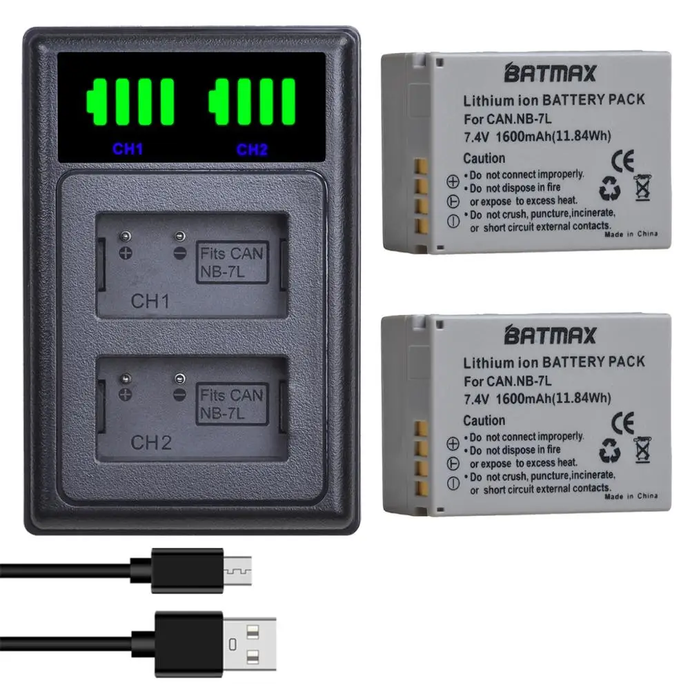 

Batmax NB-7L NB 7L NB7L 1600mAh Battery+LED USB Dual Charger with Type C Port for Canon PowerShot G10 G11 G12 SX30IS