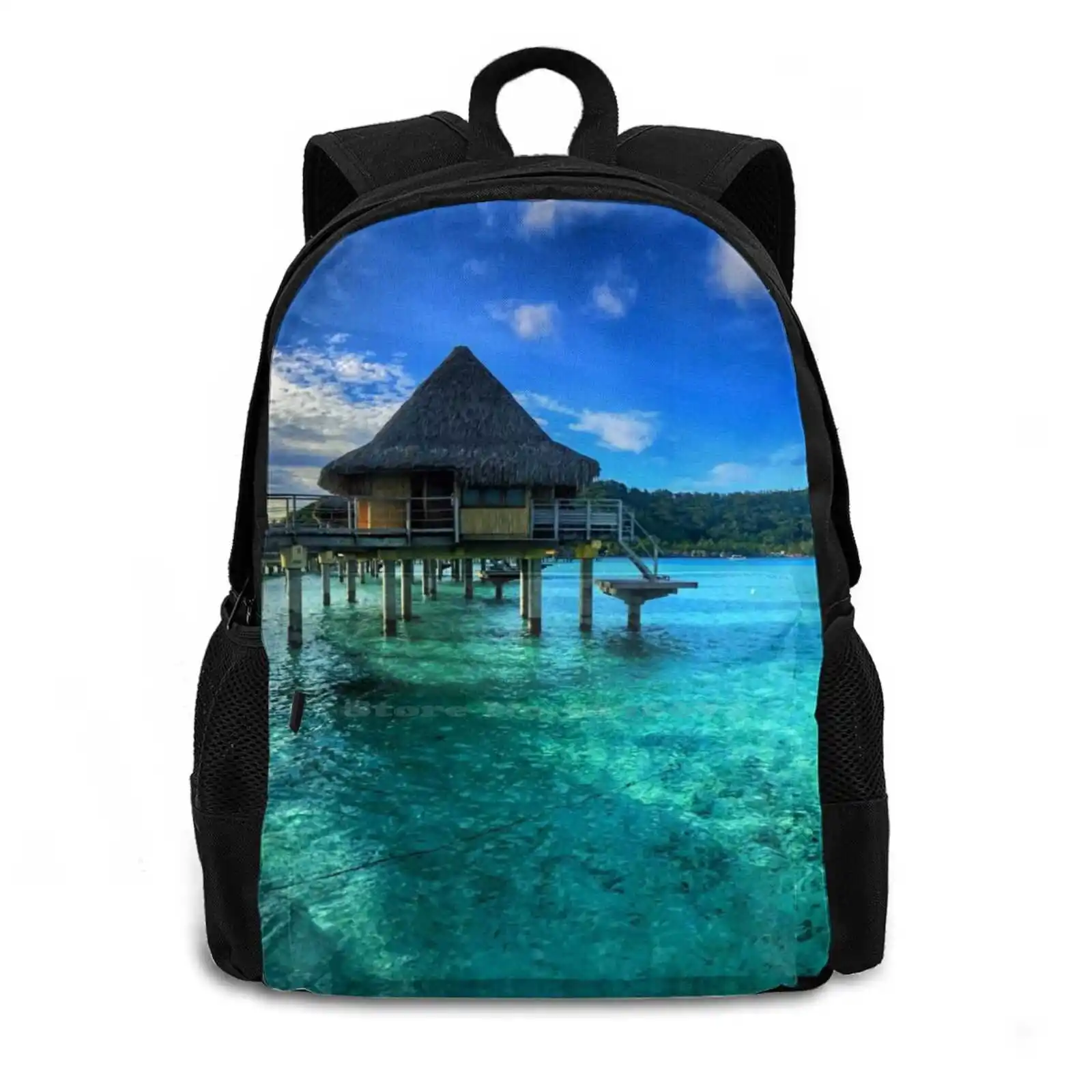 Bungalo’S In - Pattern Design Bagpack School Bags Bungalo Water Ocean Topical Fish Island Travel Vacation Relaxation