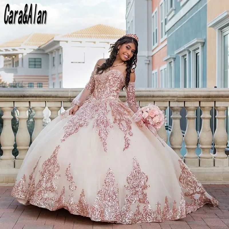 Vestido de quinceañera con mangas extraíbles, apliques de lentejuelas, vestido de graduación largo, dulce 16, rojo oscuro, mexicano, 15 años