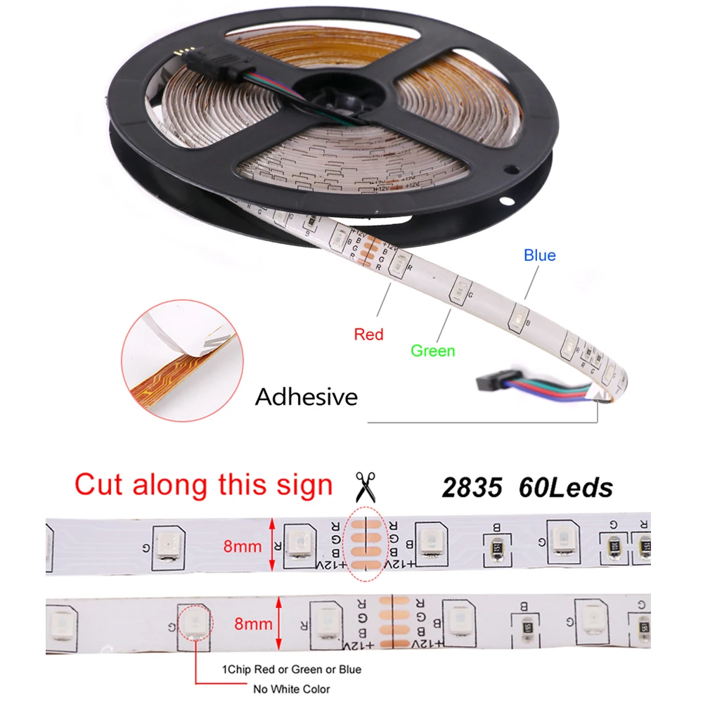 Rgb tira conduzida dc 12v 60leds/m smd 2835 impermeável ip21 ip65 iluminação interna fita flexível conduziu a lâmpada de luz 5m