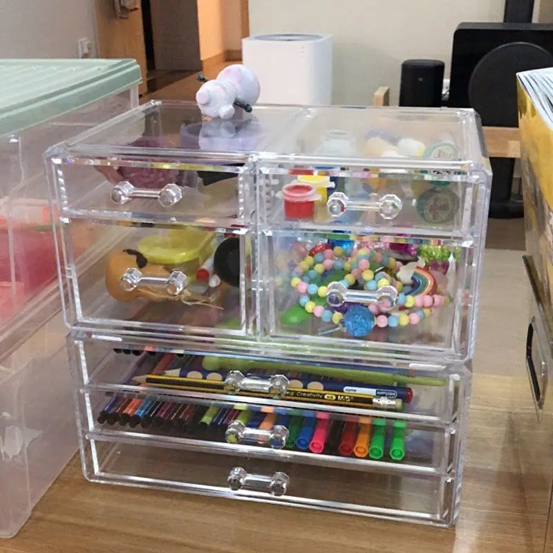 Transparent Large Capacity Drawer Desktop Marker Pen Storage Box Plastic Lipstick Makeup Organizer School Office Stationery Box