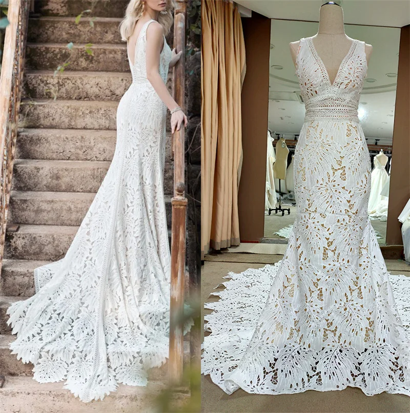 4071 # V คอ Mermaid Lace ชุดแต่งงานเซ็กซี่พลัสขนาดแขนกุด Rustic Garden Elegant 2021 Real รูปภาพชุดเจ้าสาวกับรถไฟ