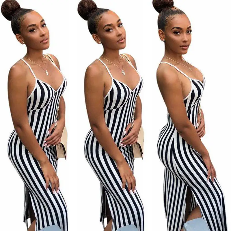 2021 Summer Women's Dress Sexy Split Striped Printed Sling Sleeveless Casual Beach Dress