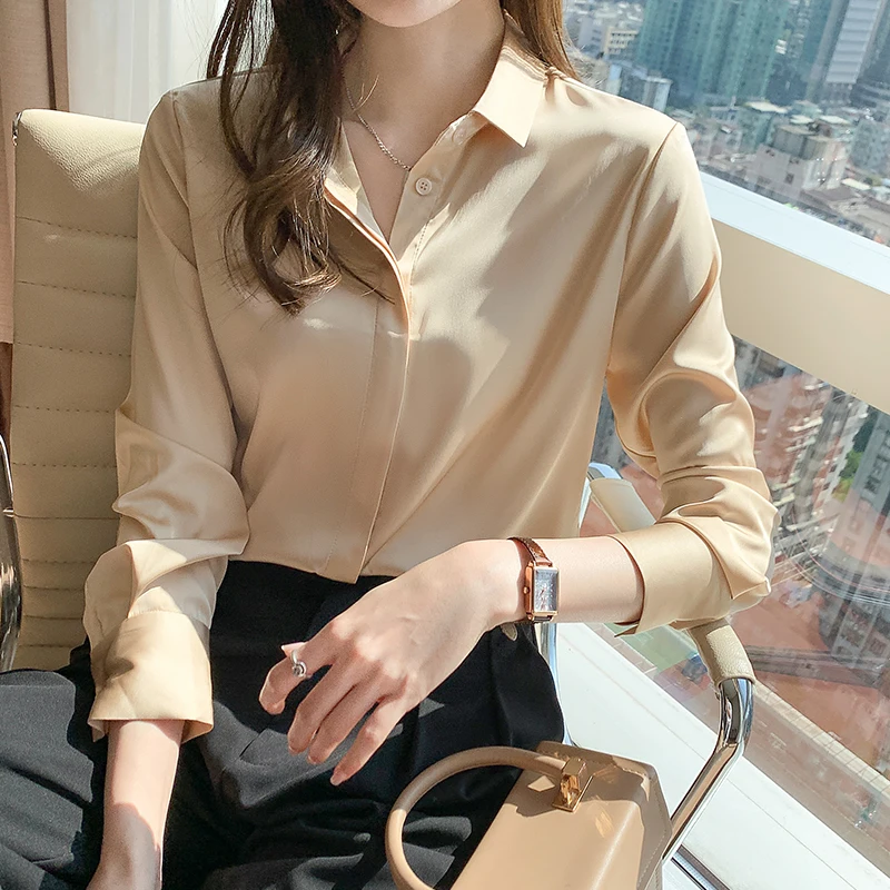 Fashion Rayon Satin Silk Shirt Vintage Blouse Women White Office Lady Long Sleeves Female Loose Street OL Shirts Autumn 2023