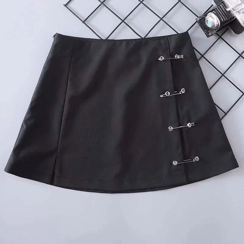 Streetwear Mini Skirt Women Side split brooch High Waist Side Zipper Short Skirt Sexy Female A-Line Slim Hip Camo Skirts