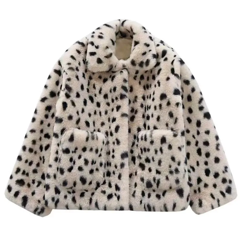 Casaco feminino com estampa de leopardo falso, lã de cordeiro solta, jaqueta de pelúcia curta, jaqueta fofa, moda coreana, inverno novo, Y2k, 2021