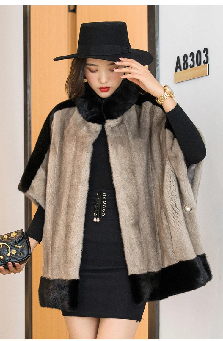 

Winter women natural mink fur jacket female mink shawl bat sleeves coat stand collar cloak