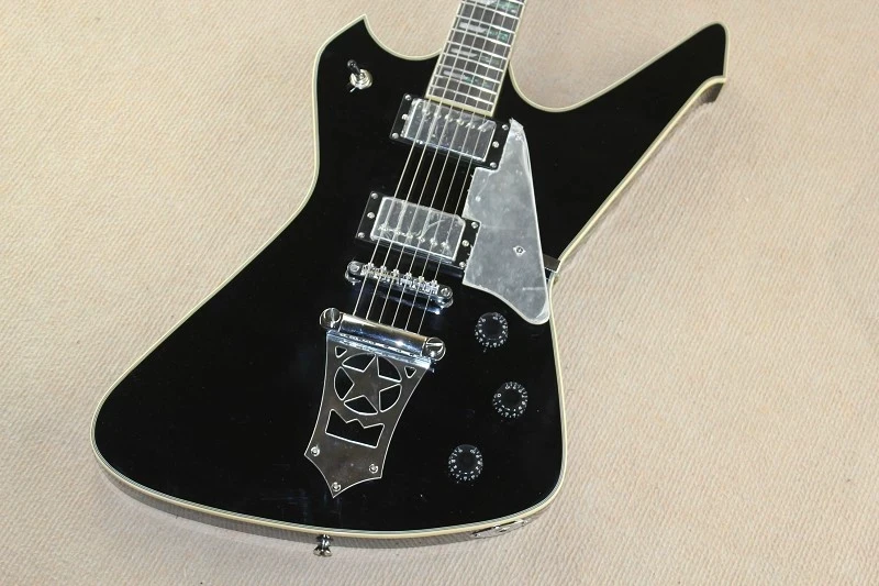 custom 6 string black guitar,irregular  guitar,basswood body,H H pickups,black guitar, mirror pickguard