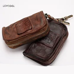 Vintage Handmade Genuine Leather Key Wallet Men Short Zipper Car Key Card Holder Coin Purse Bag Organizer Housekeeper For Women