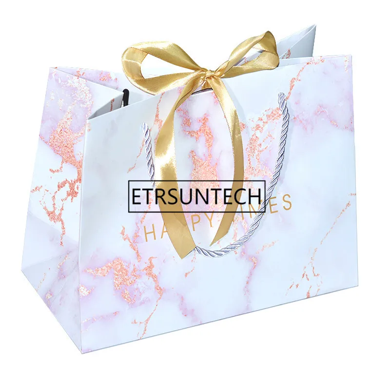 

100pcs/lot Marble Upscale paper gift bags with handles bowtie favors bag handbags for wedding party decoration Candy Cookies Box