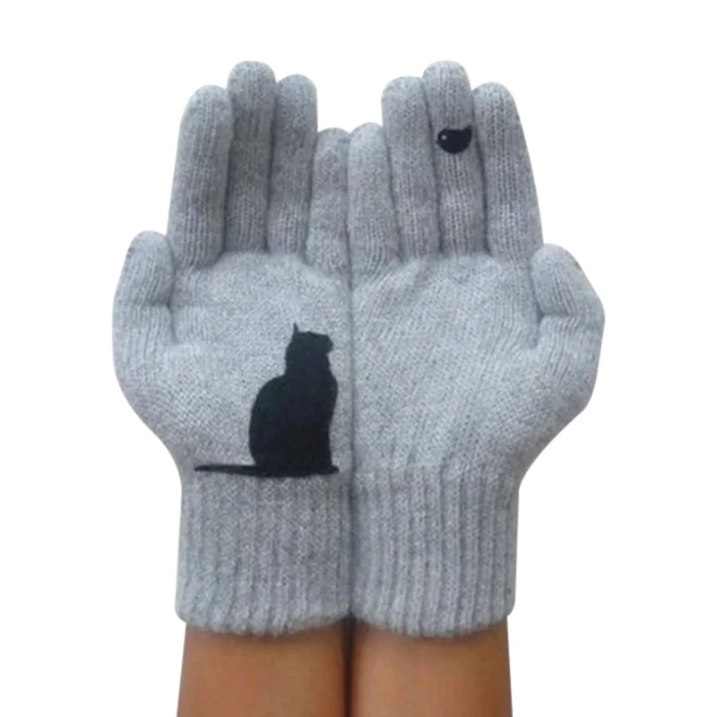 Ladies Cute Cat Printed Gloves For Women Winter Warm Woolen Gloves Autumn Outdoor Warm Cold Protection Padded Gloves 2020