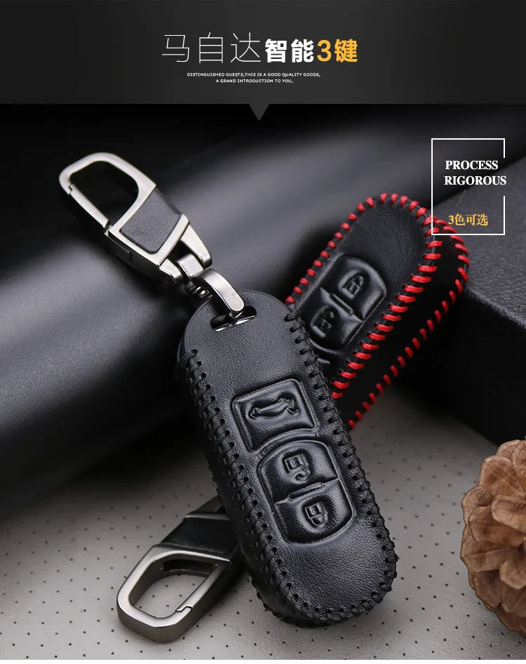 Leather Car Key Cover For Mazda 2 3 Sedan 5 6 CX-7 CX-9 MX-5 Miata CX-3 CX-5 3 Button Smart Remote Control Fob Case Keychain Bag