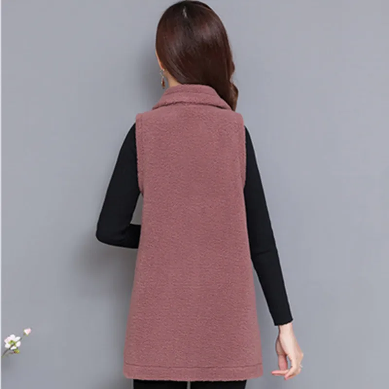 UHYTGF Middle-Aged Mom Spring Autumn Vests For Women Quality Lambswool Casual Warm Fur Waistcoat Jacket 5XL Big Size Coat 1341