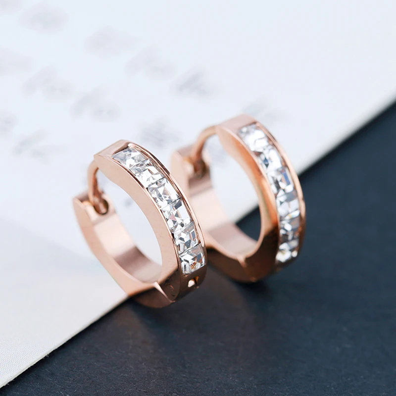 Zircon Hoop Earrings for Women Men Semi-circle Kpop Rose Gold Color Titanium Steel Fashion Jewelry Gift(GE113)