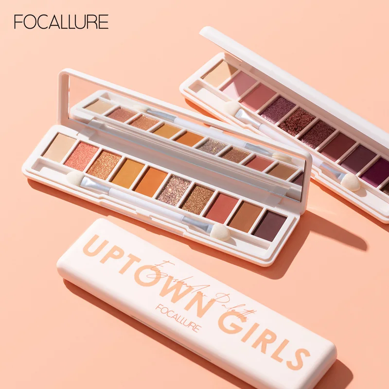 FOCALLURE-paleta de sombras de ojos, 10 colores, maquillaje, resistente al agua, Kit de sombra de ojos con brillo mate, rosa, Nude, cosméticos con pincel de espejo