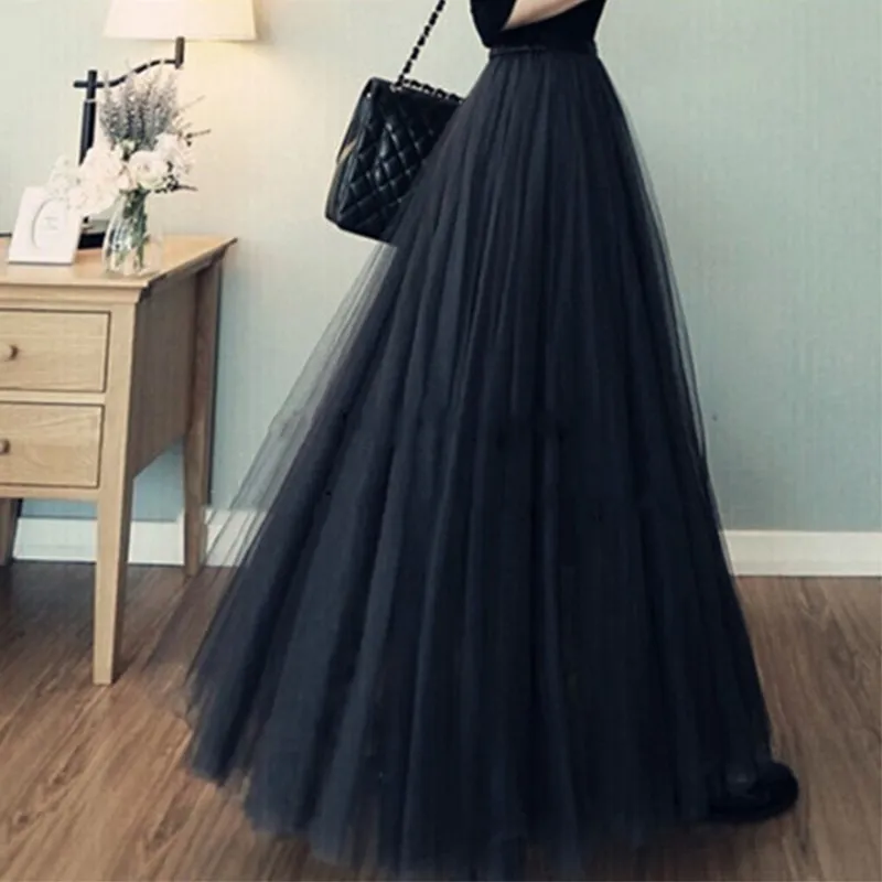 Autumn Mesh Skirts Women Sweet Fairy Elegant A-line High Waist Slim Midi Skirt Female Fashion Ladies Black Faldas Romantic Chic