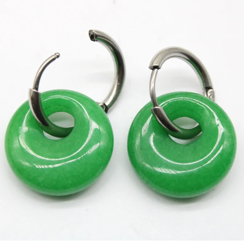 New Natural Stone Quartz Agates Aventurine Jewelry Pendant Earrings Stainless Steel Round Hoop Earrings for Women Office Gift