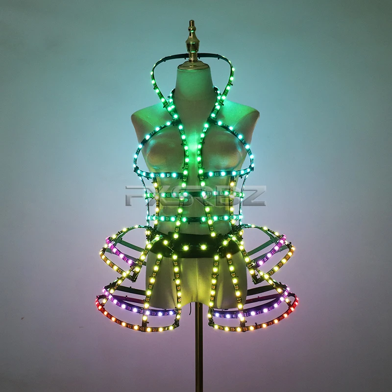 Full Color Digital LED Cage Clothing Suit Light Up Luminous Costumes Sexy Girl Tutu Ballet Dancing LED Hollowed-Out Dress