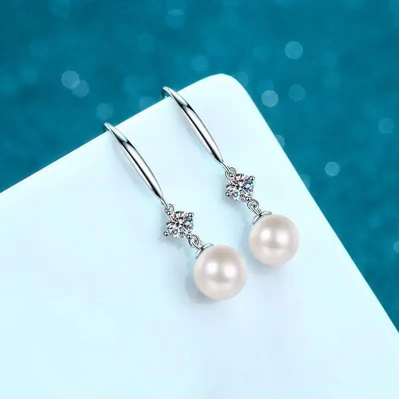 

Trendy 925 Sterling Silver 8mm Freshwater Pearl Moissanite Drop Earrings Women Jewelry Platinum Plated Dangle Earrings Gift