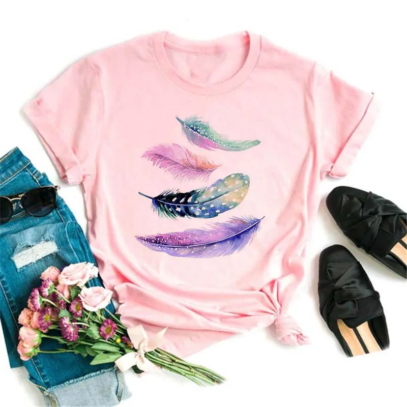 Fashion Women T Shirt Funny Butterfly Feather Print Tshirt T Shirt Summer Short Sleeve Tops Tee Female Feather T-shirts