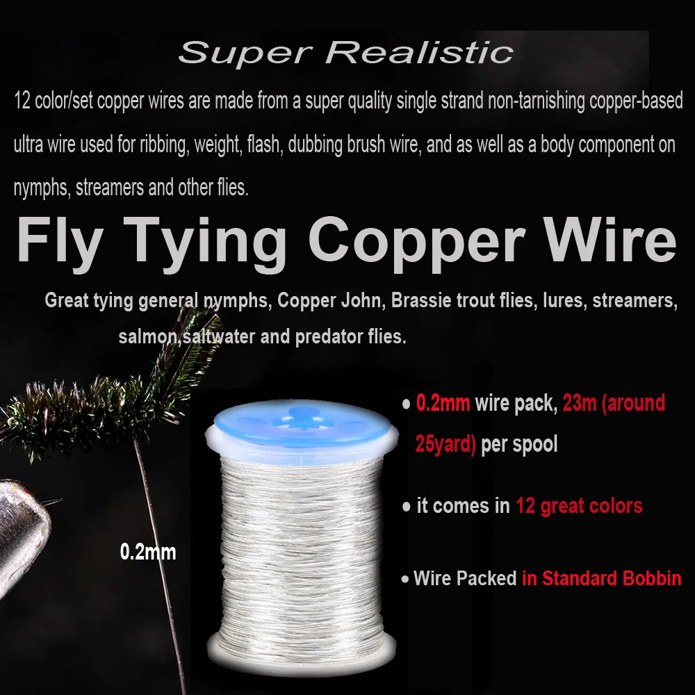 Bimoo 12 Color/Set Fly Tying Copper Wire Material for Ribbing Weight Flash Dubbing Brush Nymphs Streamer Trout Flies Salmon Wire