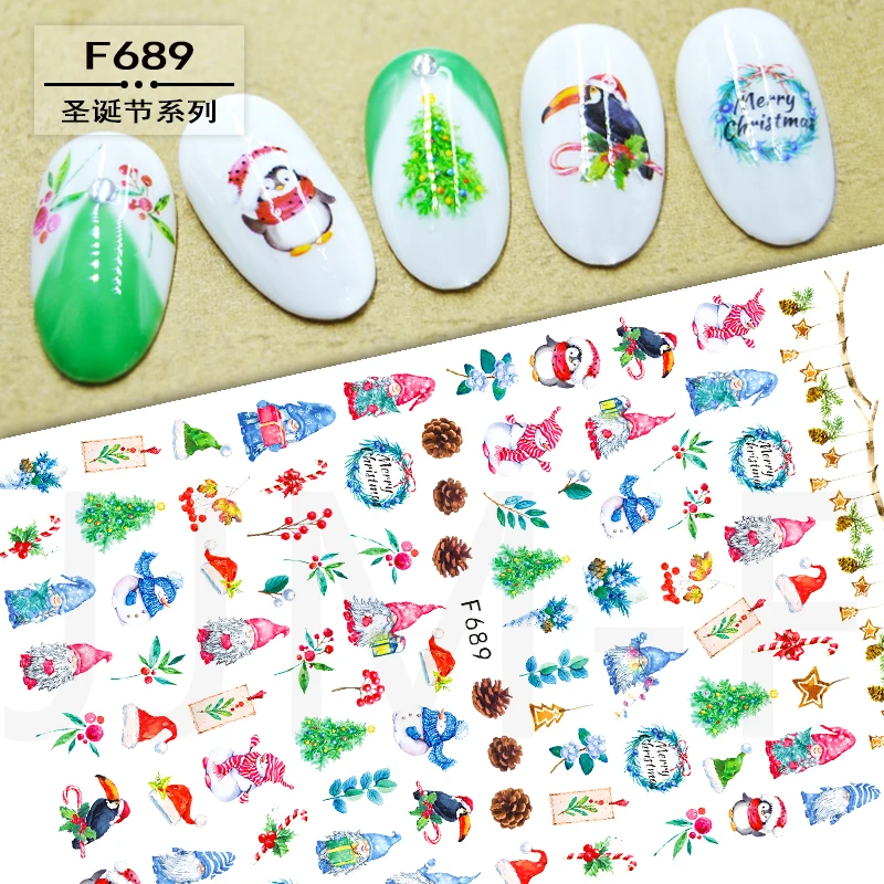 10 Stuks Kerst Serie Kerst Hert Nail Sticker Kerstboom Witte Sneeuwpop Diy Nail Slider Nagel Zelfklevende Sticker Decoratie