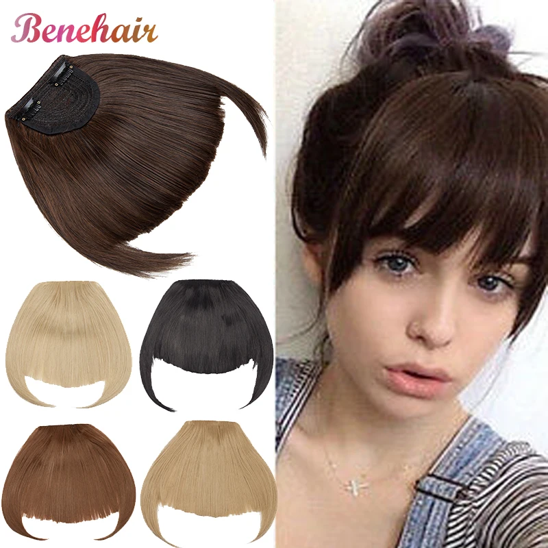 BENEHAIR Fake Bangs Synthetic Blunt Bang Clip in Hair Extension Women Blunts Fringe Hair Black Brown Bangs 2 Clips in