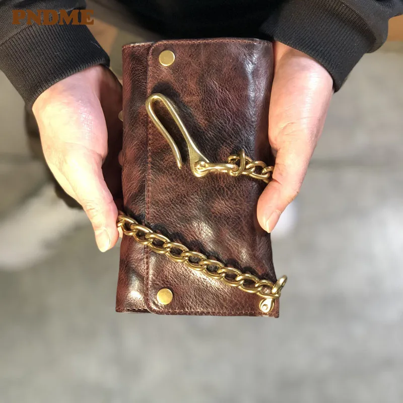 Fashion retro genuine leather men\'s long clutch wallet casual natural cowhide multi-card holder women phone three-folding purse